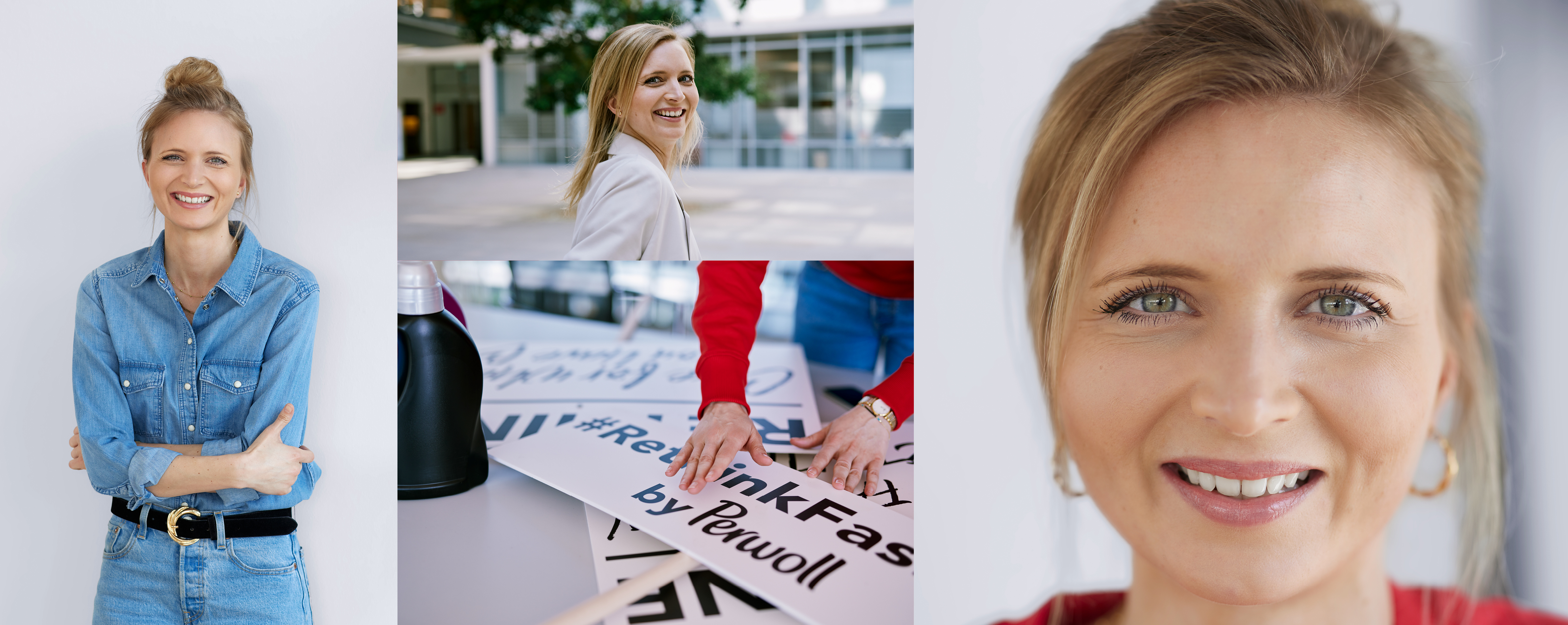 Співробітниця Хенкель перед своїм робочим місцем. Вона позує на камеру, сортує слогани з кампанії #Rethink Fashion для Persil і посміхається.