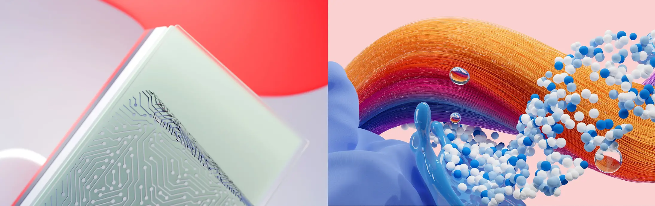 Абстрактне зображення, що символізує напрями діяльності компанії «Хенкель»: клейові технології, засоби для догляду за волоссям, засоби для прання та догляду за оселею.